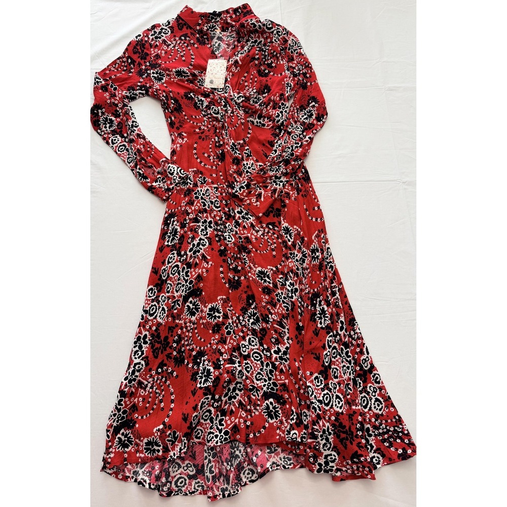 Free People Dress Womens Small Red Floral Wrap Maxi Ruched Long Sleeve Boho NWT